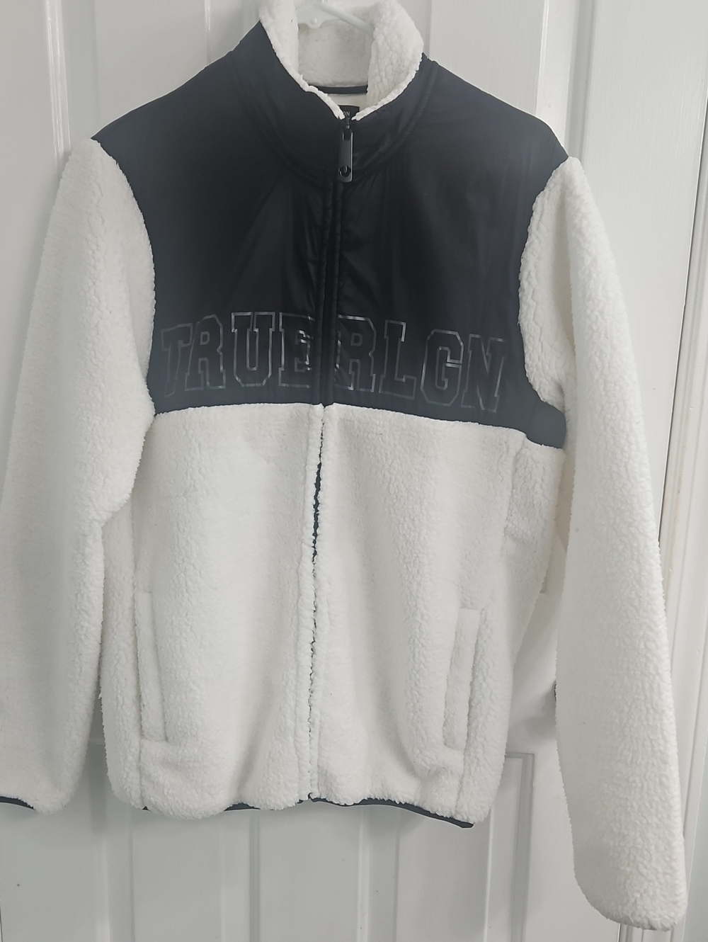 True Religion Black and White Sherpa Zip-Up Jacket